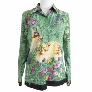BEULAH GREEN FLORAL NOVELTY ANIMAL FOREST NATURE PRINT BUTTON DOWN SHIRT - S